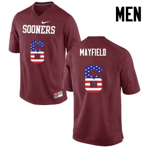 Men's OU Sooners #6 Baker Mayfield Crimson USA Flag Fashion Alumni Jerseys 370681-634