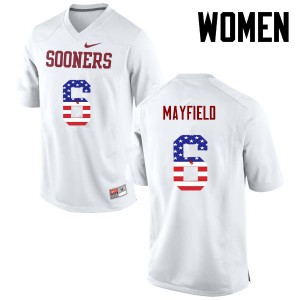 Women OU #6 Baker Mayfield White USA Flag Fashion College Jersey 310342-437
