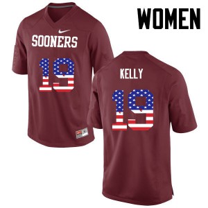 Women Oklahoma #19 Caleb Kelly Crimson USA Flag Fashion Embroidery Jersey 280101-833