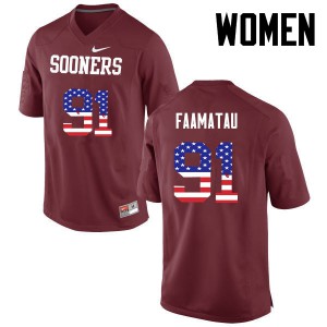 Women OU Sooners #91 Dillion Faamatau Crimson USA Flag Fashion Player Jersey 640870-827