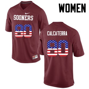 Women's OU Sooners #80 Grant Calcaterra Crimson USA Flag Fashion University Jerseys 374075-234