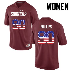 Women's Oklahoma Sooners #90 Jordan Phillips Crimson USA Flag Fashion Football Jersey 948778-293