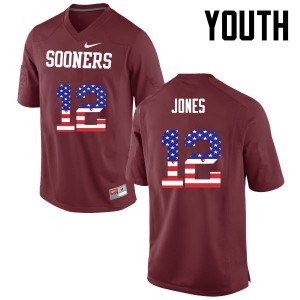 Youth OU #12 Landry Jones Crimson USA Flag Fashion University Jerseys 185350-664