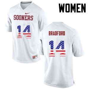 Women OU Sooners #14 Sam Bradford White USA Flag Fashion University Jerseys 880384-508